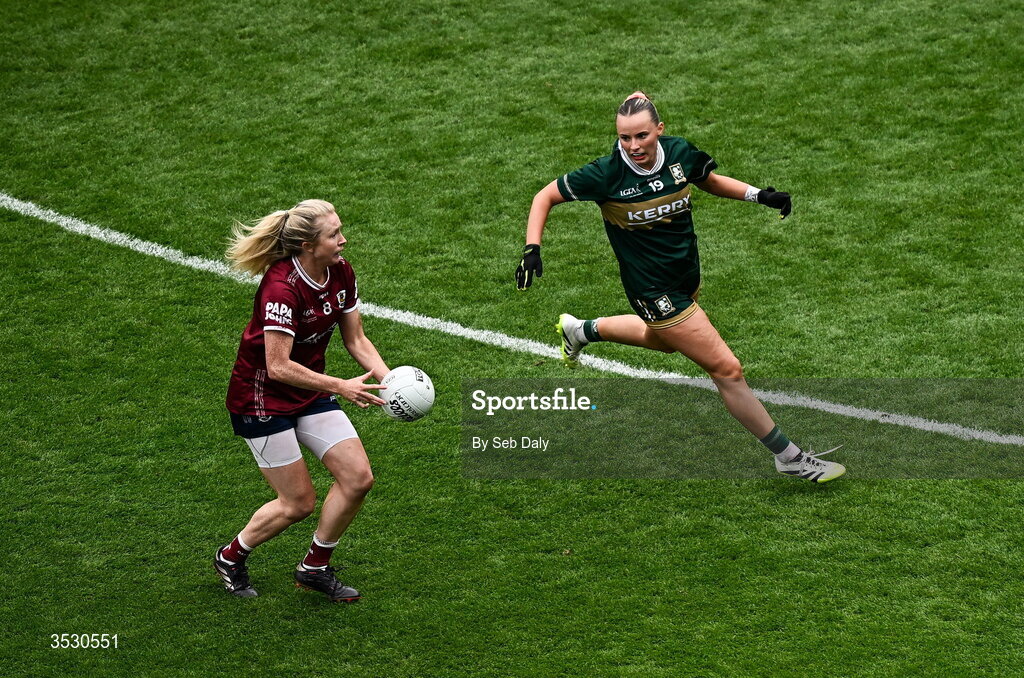 2 August 2026; Louise Ward of Galway in action against Mikala Mulvihill of Kerry during the LGFA TG4 All-Ireland Senior Championship final match between Galway and Kerry at Croke Park in Dublin. Photo by Seb Daly/Sportsfile
