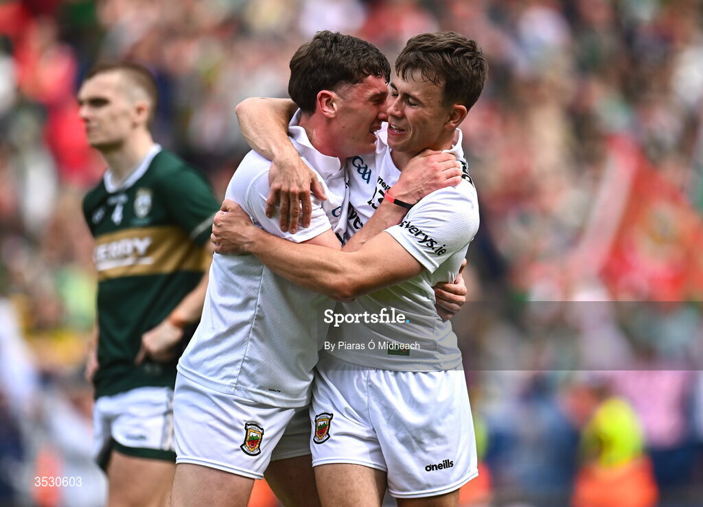 26 July 2026; Mayo players Jack Coyne, left, and Paul Towey celebrate after the GAA Football All-Ireland Senior Championship final match between Kerry and Mayo at Croke Park in Dublin. Photo by Piaras Ó Mídheach/Sportsfile
