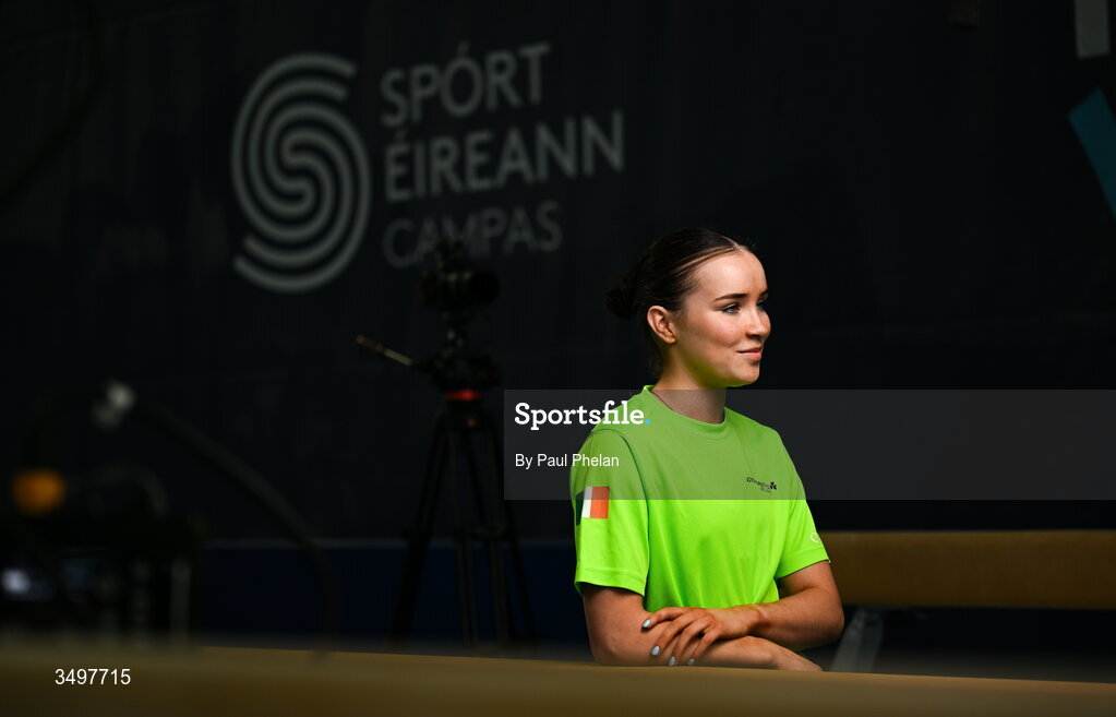 7 August 2026; Maeve McGuinness is interviewed during a Gymnastics Ireland content gathering day at the Sport Ireland National Gymnastics Training Centre in Dublin. Photo by Paul Phelan/Sportsfile