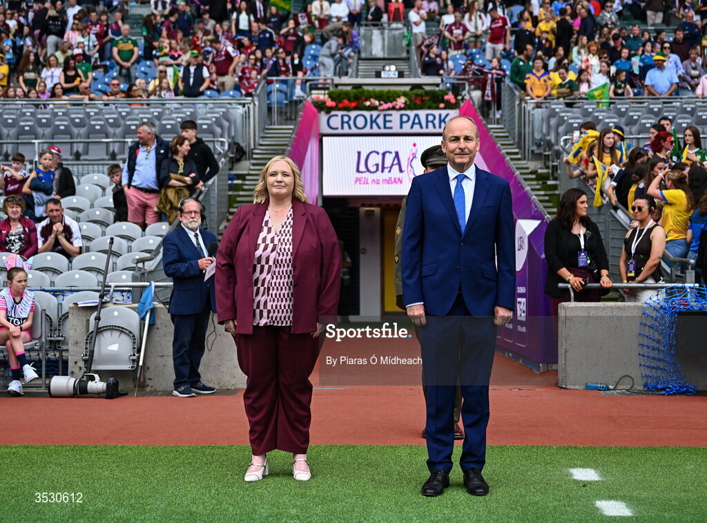 2 August 2026; LGFA chief executive Lyn Savage with An Taoiseach Micheál Martin TD before the LGFA TG4 All-Ireland Senior Championship final match between Galway and Kerry at Croke Park in Dublin. Photo by Piaras Ó Mídheach/Sportsfile