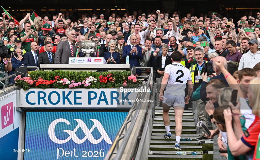26 July 2026; Mayo captain Jack Coyne climbs the steps of the Hogan Stand on his way to accept the Sam Maguire Cup after victory in the GAA Football All-Ireland Senior Championship final match between Kerry and Mayo at Croke Park in Dublin. Photo by Piaras Ó Mídheach/Sportsfile