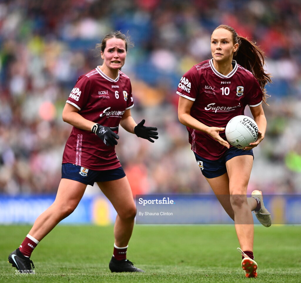 2 August 2026; Olivia Divilly, right, and Nicola Ward of Galway during the LGFA TG4 All-Ireland Senior Championship final match between Galway and Kerry at Croke Park in Dublin. Photo by Shauna Clinton/Sportsfile