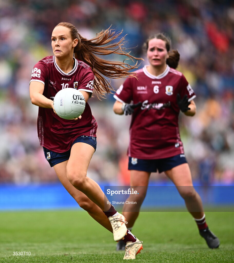 2 August 2026; Olivia Divilly, left, and Nicola Ward of Galway during the LGFA TG4 All-Ireland Senior Championship final match between Galway and Kerry at Croke Park in Dublin. Photo by Shauna Clinton/Sportsfile
