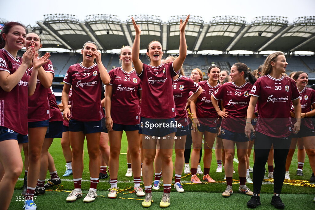 2 August 2026; Niamh Divilly of Galway, centre, and team-mates after the LGFA TG4 All-Ireland Senior Championship final match between Galway and Kerry at Croke Park in Dublin. Photo by Shauna Clinton/Sportsfile