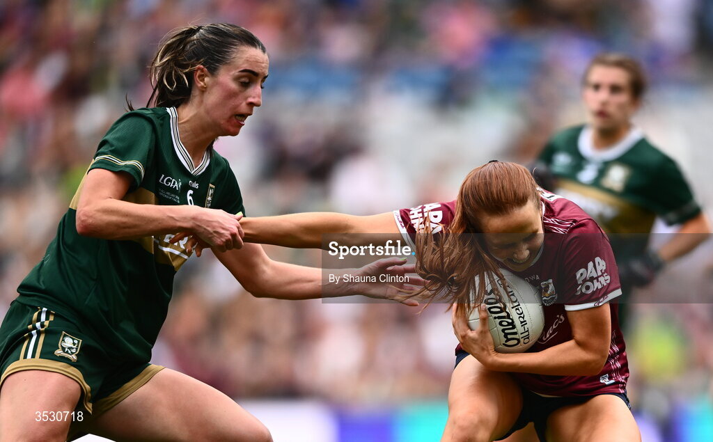 2 August 2026; Olivia Divilly of Galway in action against Emma Costello of Kerry during the LGFA TG4 All-Ireland Senior Championship final match between Galway and Kerry at Croke Park in Dublin. Photo by Shauna Clinton/Sportsfile