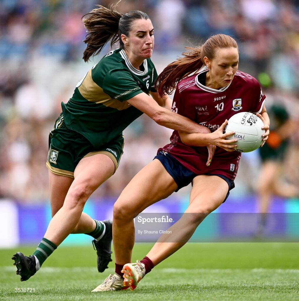 2 August 2026; Olivia Divilly of Galway in action against Emma Costello of Kerry during the LGFA TG4 All-Ireland Senior Championship final match between Galway and Kerry at Croke Park in Dublin. Photo by Shauna Clinton/Sportsfile