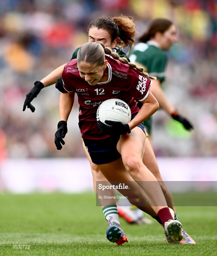 2 August 2026; Kate Thompson of Galway in action against Aishling O’Connell of Kerry during the LGFA TG4 All-Ireland Senior Championship final match between Galway and Kerry at Croke Park in Dublin. Photo by Shauna Clinton/Sportsfile