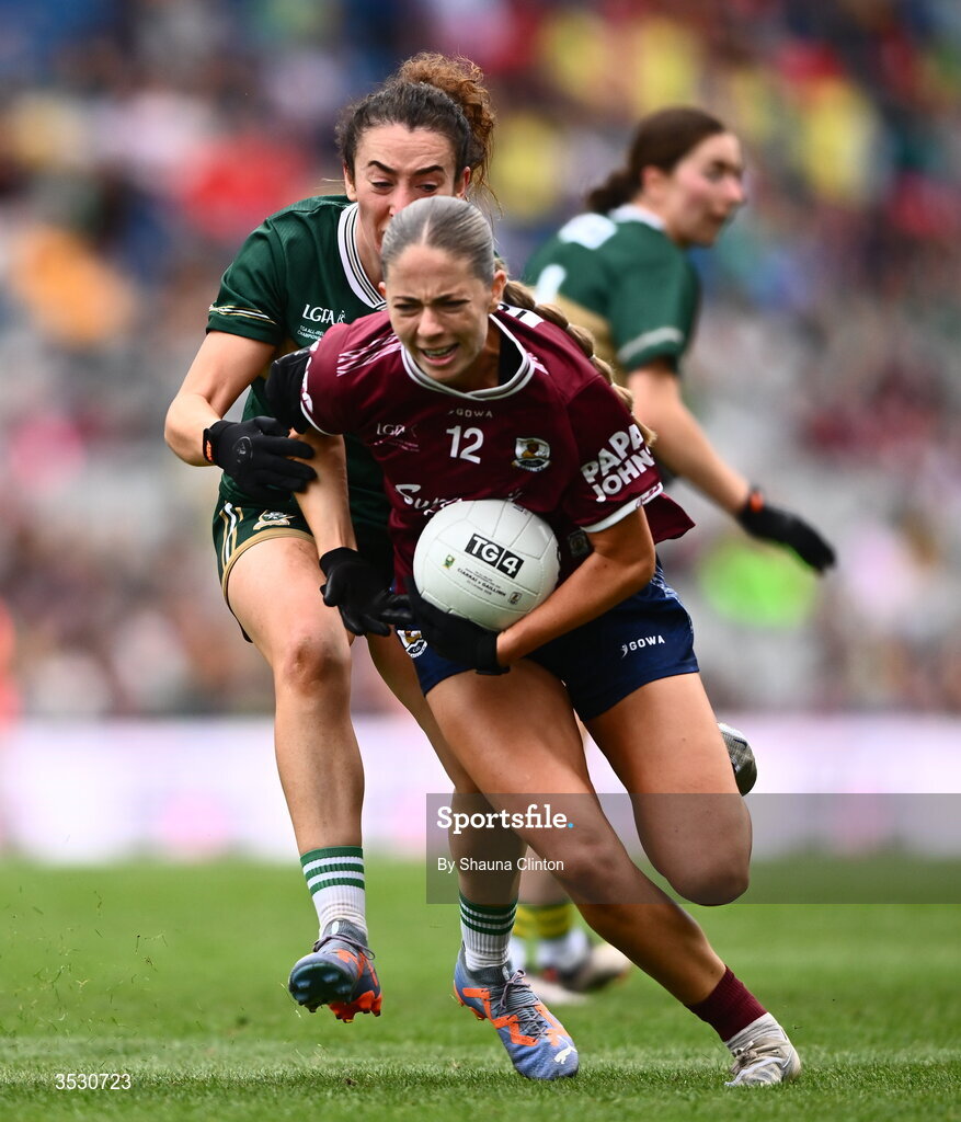 2 August 2026; Kate Thompson of Galway in action against Aishling O’Connell of Kerry during the LGFA TG4 All-Ireland Senior Championship final match between Galway and Kerry at Croke Park in Dublin. Photo by Shauna Clinton/Sportsfile
