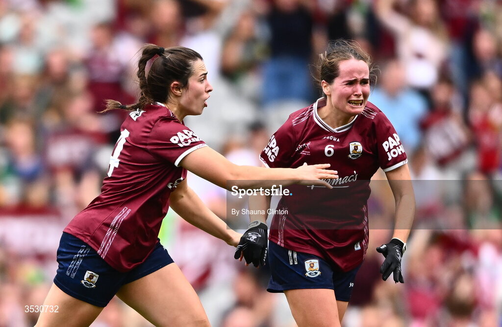 2 August 2026; Leanne Coen of Galway, left, celebrates with team-mate Nicola Ward after scoring her side's second goal during the LGFA TG4 All-Ireland Senior Championship final match between Galway and Kerry at Croke Park in Dublin. Photo by Shauna Clinton/Sportsfile
