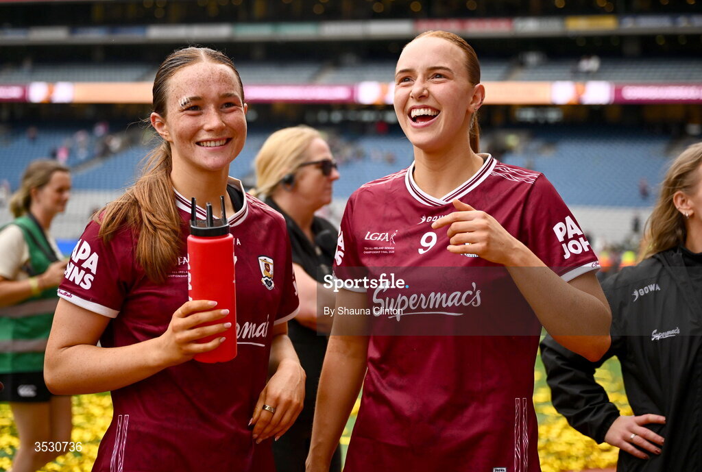 2 August 2026; Niamh Divilly, left, and Siobhán Divilly of Galway after the LGFA TG4 All-Ireland Senior Championship final match between Galway and Kerry at Croke Park in Dublin. Photo by Shauna Clinton/Sportsfile