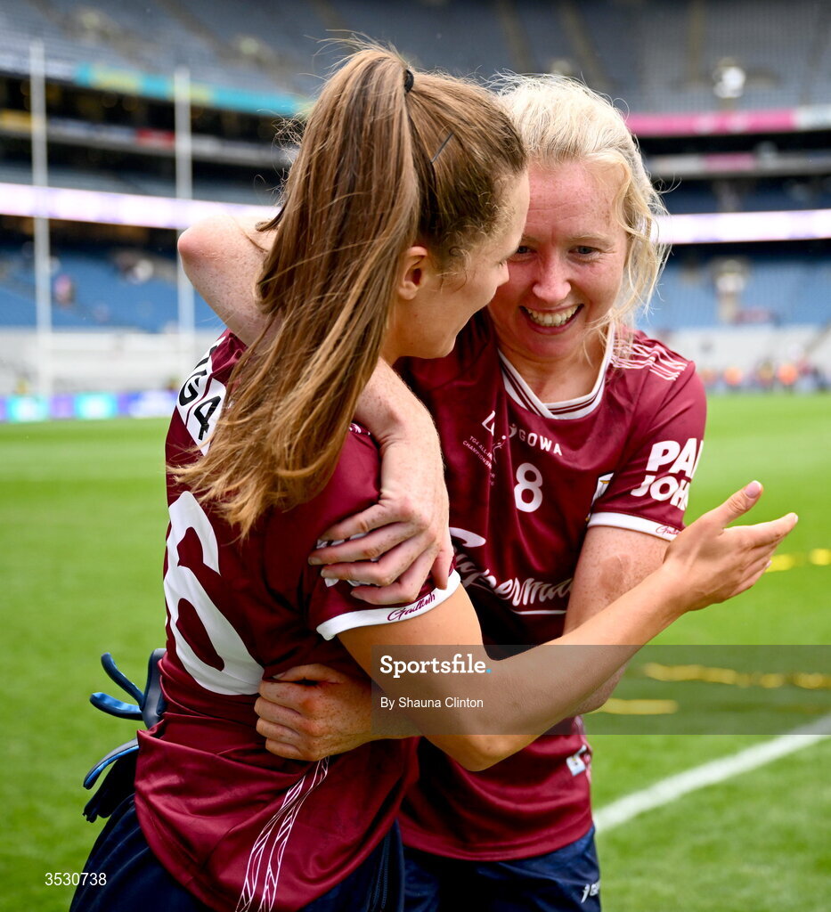 2 August 2026; Galway players Aoife Ní Ruairc, left, and Louise Ward after the LGFA TG4 All-Ireland Senior Championship final match between Galway and Kerry at Croke Park in Dublin. Photo by Shauna Clinton/Sportsfile