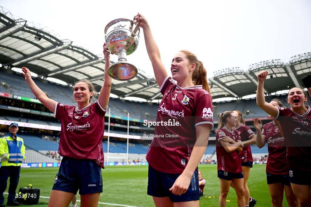 2 August 2026; Kate Geraghty, left, and Sarah Ní Loingsigh of Galway after the LGFA TG4 All-Ireland Senior Championship final match between Galway and Kerry at Croke Park in Dublin. Photo by Shauna Clinton/Sportsfile