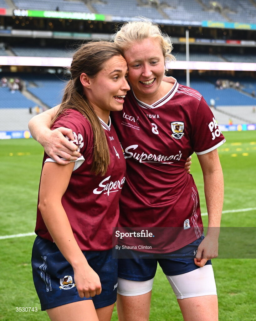 2 August 2026; Galway players Kate Geraghty, left, and Louise Ward after the LGFA TG4 All-Ireland Senior Championship final match between Galway and Kerry at Croke Park in Dublin. Photo by Shauna Clinton/Sportsfile