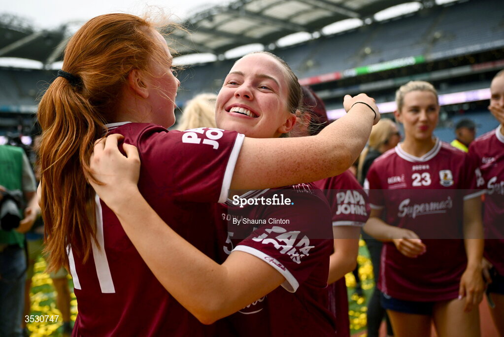 2 August 2026; Galway players Hannah Noone, right, and Kate Slevin after the LGFA TG4 All-Ireland Senior Championship final match between Galway and Kerry at Croke Park in Dublin. Photo by Shauna Clinton/Sportsfile