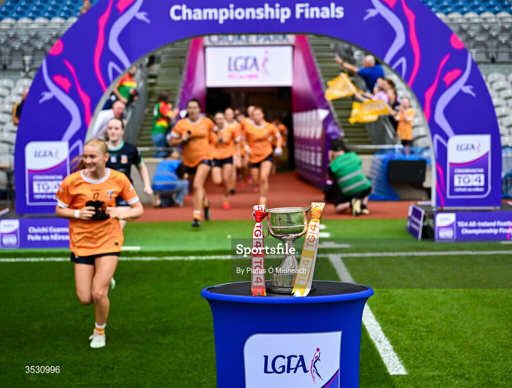 2 August 2026; Antrim players run out past The West County Hotel Cup before the LGFA TG4 All-Ireland Junior Championship final match between Antrim and Carlow at Croke Park in Dublin. Photo by Piaras Ó Mídheach/Sportsfile