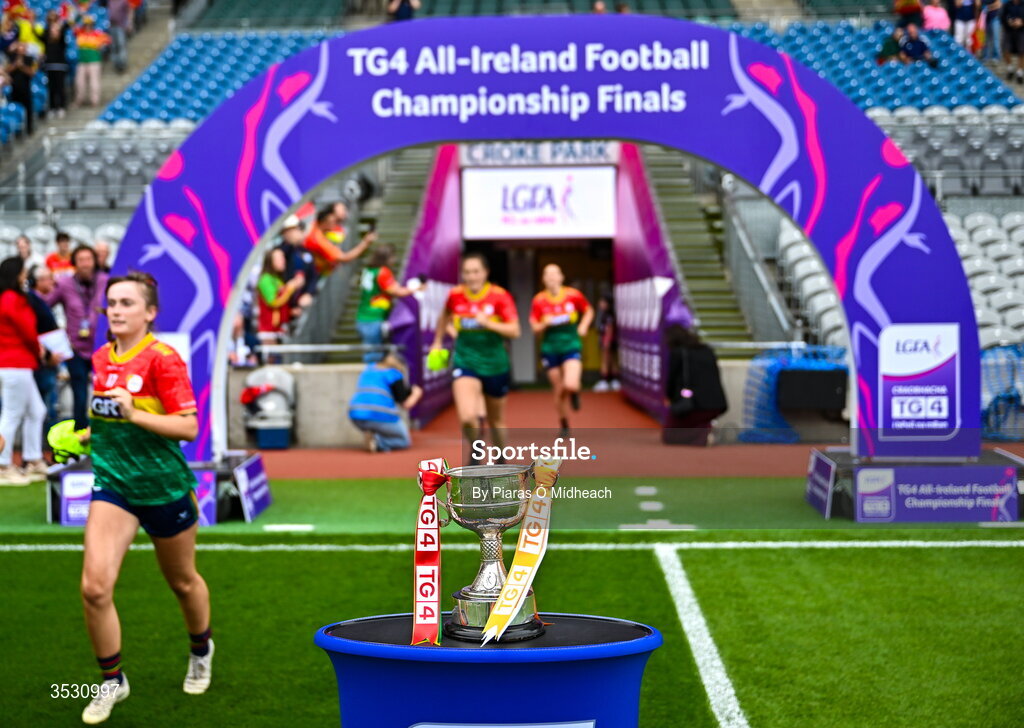 2 August 2026; Carlow players run out past The West County Hotel Cup before the LGFA TG4 All-Ireland Junior Championship final match between Antrim and Carlow at Croke Park in Dublin. Photo by Piaras Ó Mídheach/Sportsfile