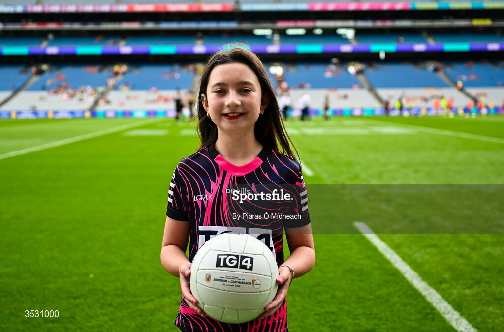 2 August 2026; Harper Kirwan of Éire Óg GAA in Carlow brings out the match ball before the LGFA TG4 All-Ireland Junior Championship final match between Antrim and Carlow at Croke Park in Dublin. Photo by Piaras Ó Mídheach/Sportsfile