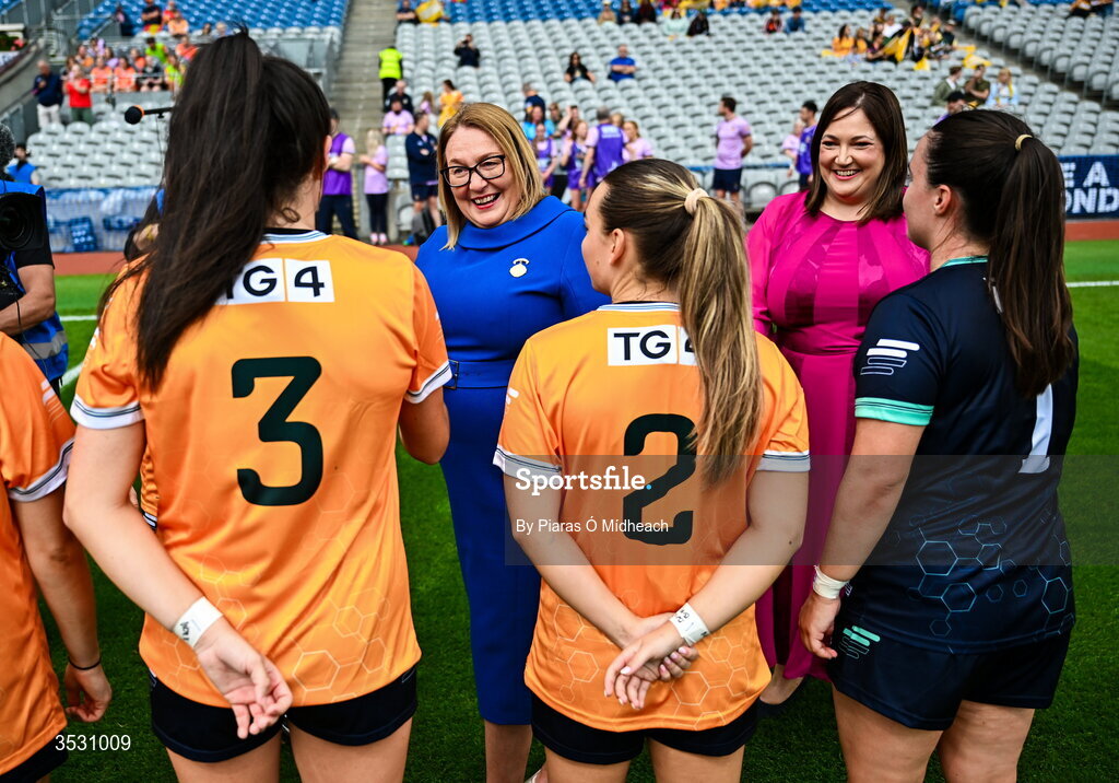 2 August 2026; Trina Murray, LGFA President and Deirdre Ní Choistín, CEO TG4, right, meet the Antrim players before the LGFA TG4 All-Ireland Junior Championship final match between Antrim and Carlow at Croke Park in Dublin. Photo by Piaras Ó Mídheach/Sportsfile