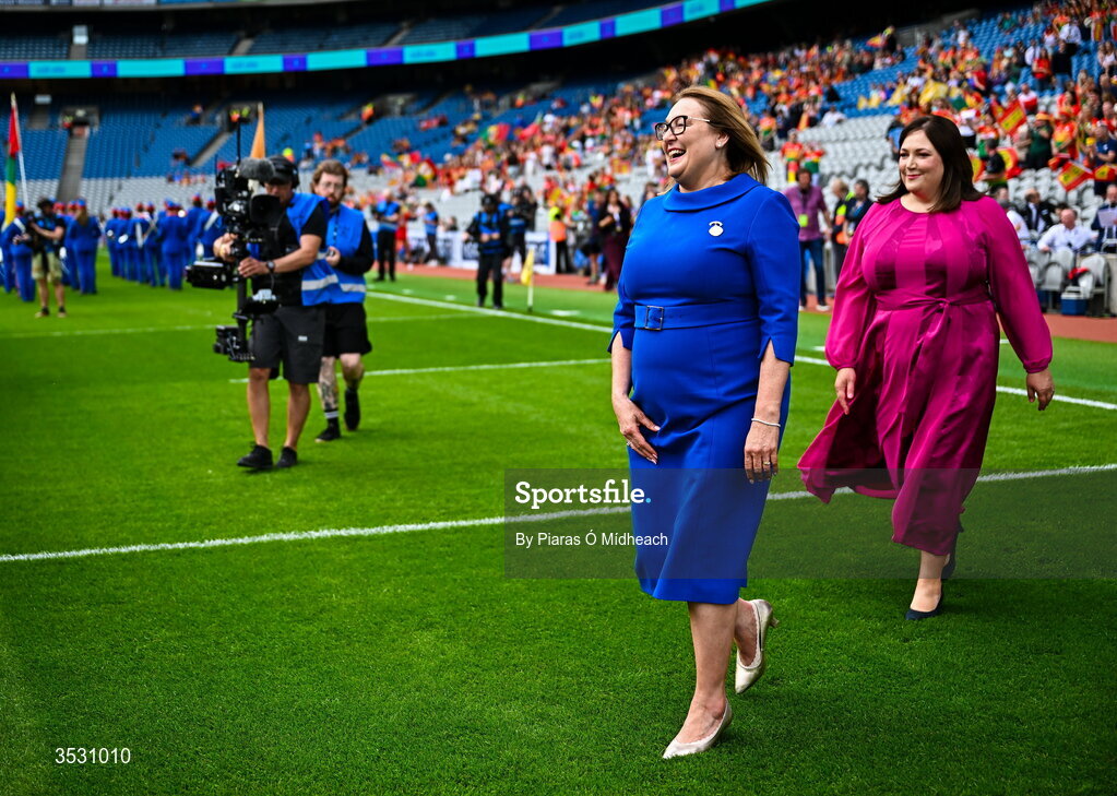 2 August 2026; Trina Murray, LGFA President and Deirdre Ní Choistín, CEO TG4, right, make their way to meet the teams and officials before the LGFA TG4 All-Ireland Junior Championship final match between Antrim and Carlow at Croke Park in Dublin. Photo by Piaras Ó Mídheach/Sportsfile