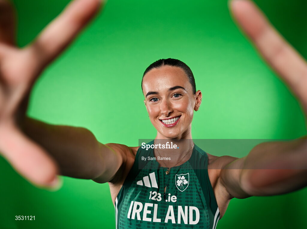5 August 2026; Ciara Neville poses for a portrait during an Athletics Ireland European Championships kit day and media at the Sport Ireland Institute in Dublin. Photo by Sam Barnes/Sportsfile