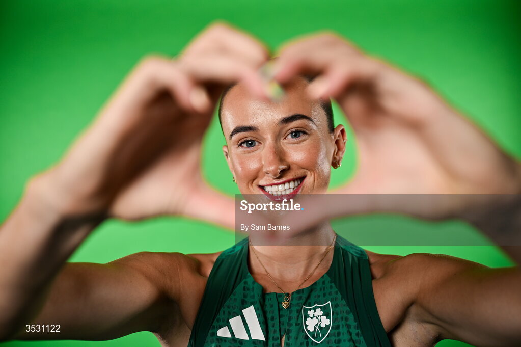 5 August 2026; Ciara Neville poses for a portrait during an Athletics Ireland European Championships kit day and media at the Sport Ireland Institute in Dublin. Photo by Sam Barnes/Sportsfile