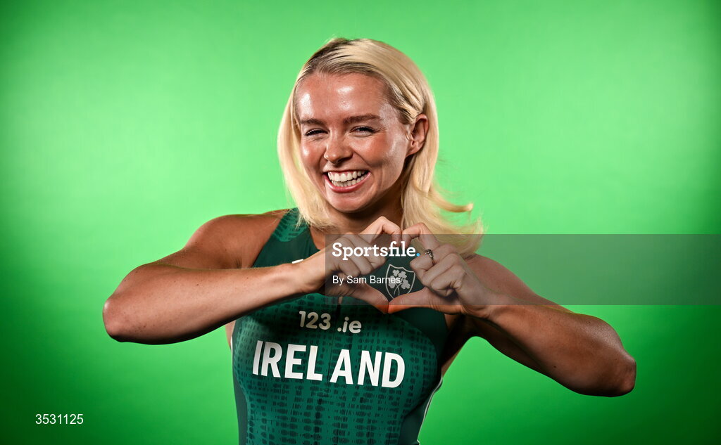 5 August 2026; Molly Scott poses for a portrait during an Athletics Ireland European Championships kit day and media at the Sport Ireland Institute in Dublin. Photo by Sam Barnes/Sportsfile