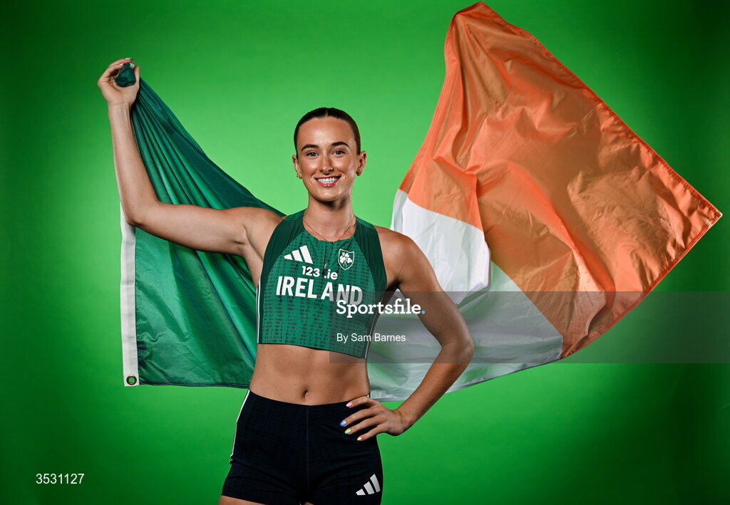 5 August 2026; Ciara Neville poses for a portrait during an Athletics Ireland European Championships kit day and media at the Sport Ireland Institute in Dublin. Photo by Sam Barnes/Sportsfile