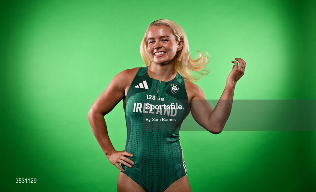 5 August 2026; Molly Scott poses for a portrait during an Athletics Ireland European Championships kit day and media at the Sport Ireland Institute in Dublin. Photo by Sam Barnes/Sportsfile
