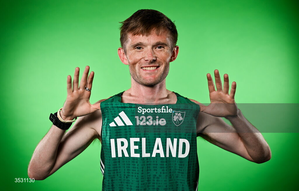 5 August 2026; Jack O’Leary poses for a portrait during an Athletics Ireland European Championships kit day and media at the Sport Ireland Institute in Dublin. Photo by Sam Barnes/Sportsfile
