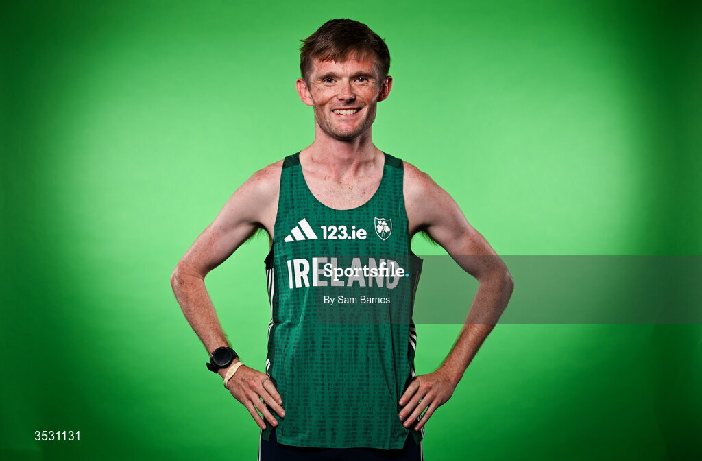 5 August 2026; Jack O’Leary poses for a portrait during an Athletics Ireland European Championships kit day and media at the Sport Ireland Institute in Dublin. Photo by Sam Barnes/Sportsfile