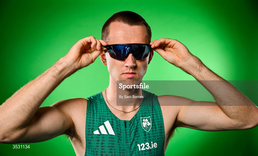 5 August 2026; Jack Raftery poses for a portrait during an Athletics Ireland European Championships kit day and media at the Sport Ireland Institute in Dublin. Photo by Sam Barnes/Sportsfile