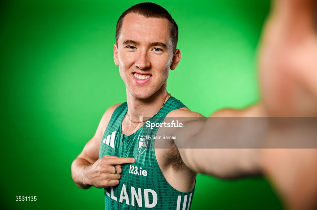 5 August 2026; Jack Raftery poses for a portrait during an Athletics Ireland European Championships kit day and media at the Sport Ireland Institute in Dublin. Photo by Sam Barnes/Sportsfile