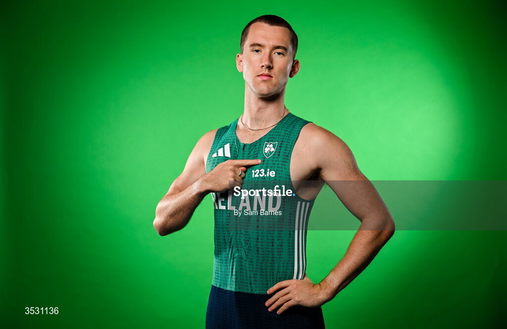 5 August 2026; Jack Raftery poses for a portrait during an Athletics Ireland European Championships kit day and media at the Sport Ireland Institute in Dublin. Photo by Sam Barnes/Sportsfile