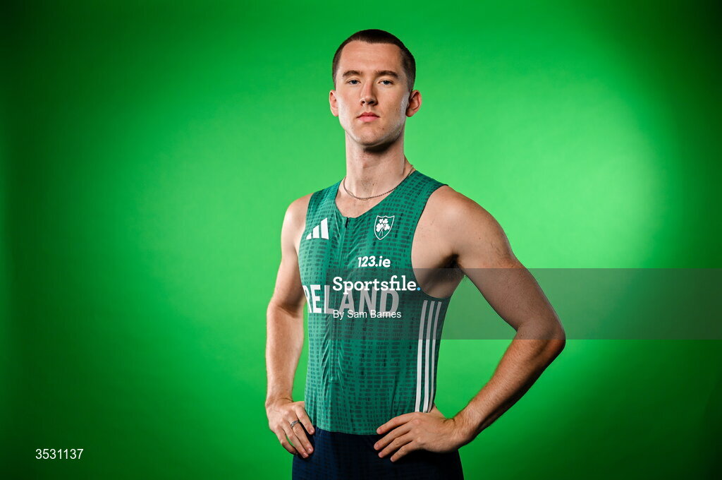 5 August 2026; Jack Raftery poses for a portrait during an Athletics Ireland European Championships kit day and media at the Sport Ireland Institute in Dublin. Photo by Sam Barnes/Sportsfile