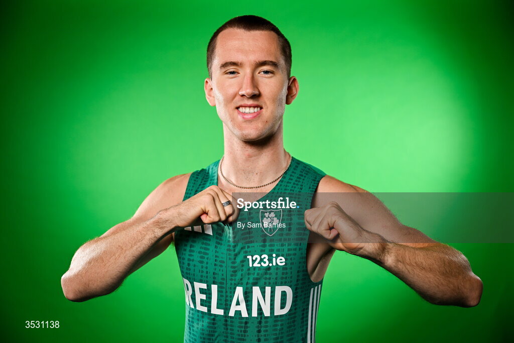 5 August 2026; Jack Raftery poses for a portrait during an Athletics Ireland European Championships kit day and media at the Sport Ireland Institute in Dublin. Photo by Sam Barnes/Sportsfile