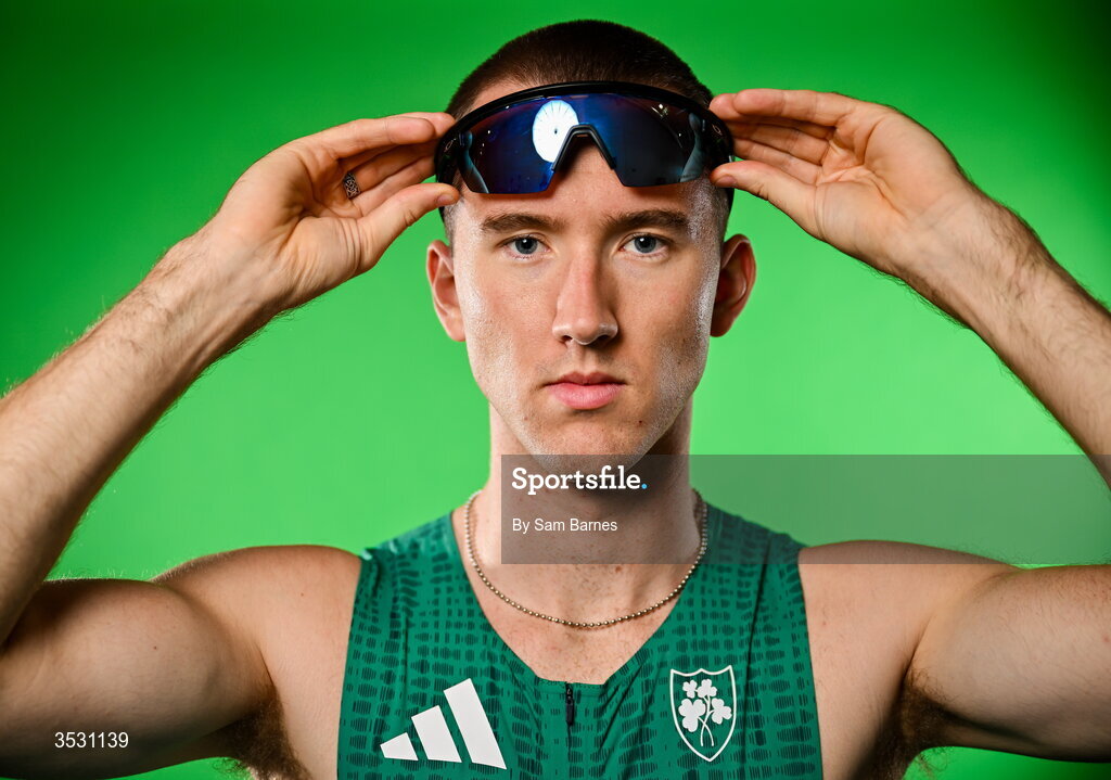 5 August 2026; Jack Raftery poses for a portrait during an Athletics Ireland European Championships kit day and media at the Sport Ireland Institute in Dublin. Photo by Sam Barnes/Sportsfile