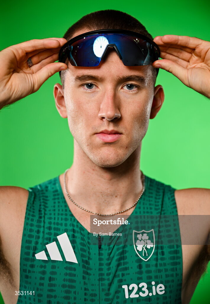 5 August 2026; Jack Raftery poses for a portrait during an Athletics Ireland European Championships kit day and media at the Sport Ireland Institute in Dublin. Photo by Sam Barnes/Sportsfile