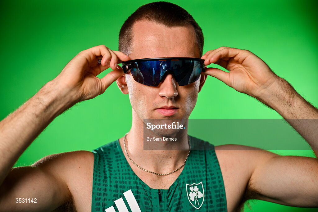5 August 2026; Jack Raftery poses for a portrait during an Athletics Ireland European Championships kit day and media at the Sport Ireland Institute in Dublin. Photo by Sam Barnes/Sportsfile