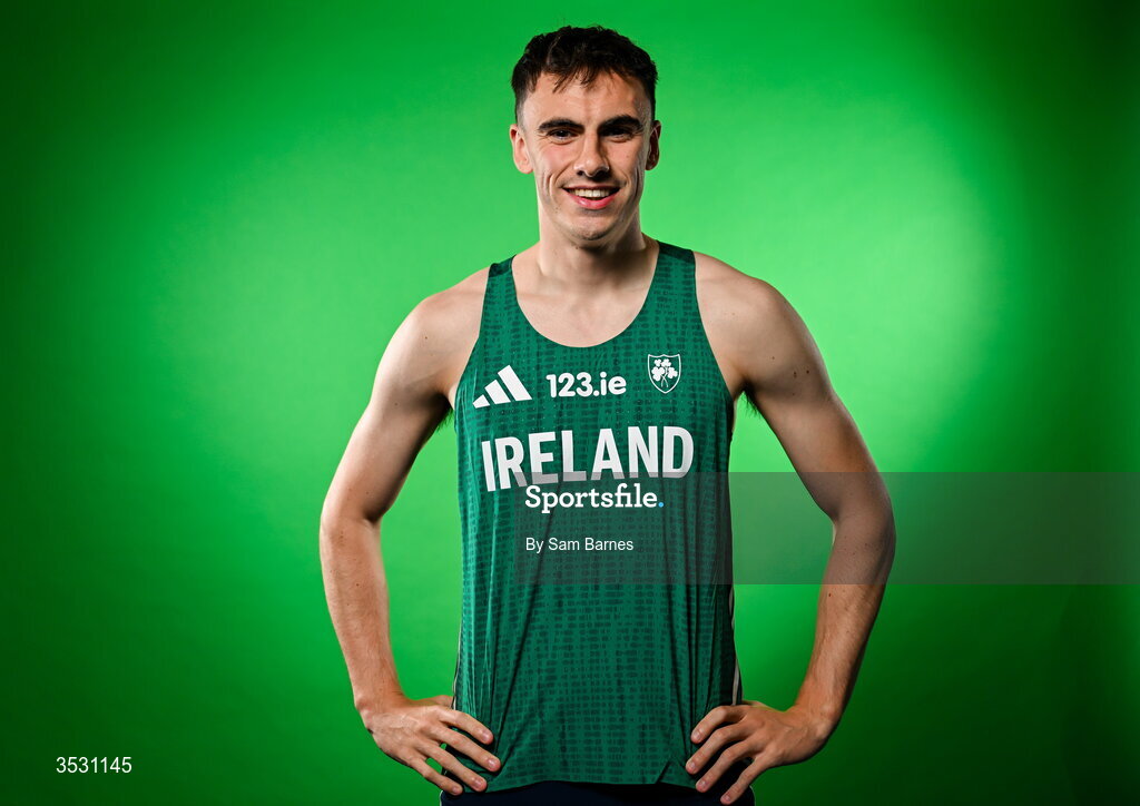 5 August 2026; Ciarán Carthy poses for a portrait during an Athletics Ireland European Championships kit day and media at the Sport Ireland Institute in Dublin. Photo by Sam Barnes/Sportsfile