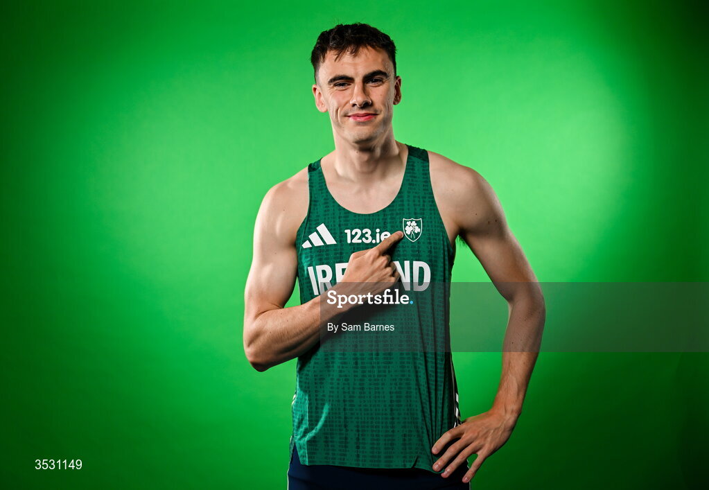 5 August 2026; Ciarán Carthy poses for a portrait during an Athletics Ireland European Championships kit day and media at the Sport Ireland Institute in Dublin. Photo by Sam Barnes/Sportsfile