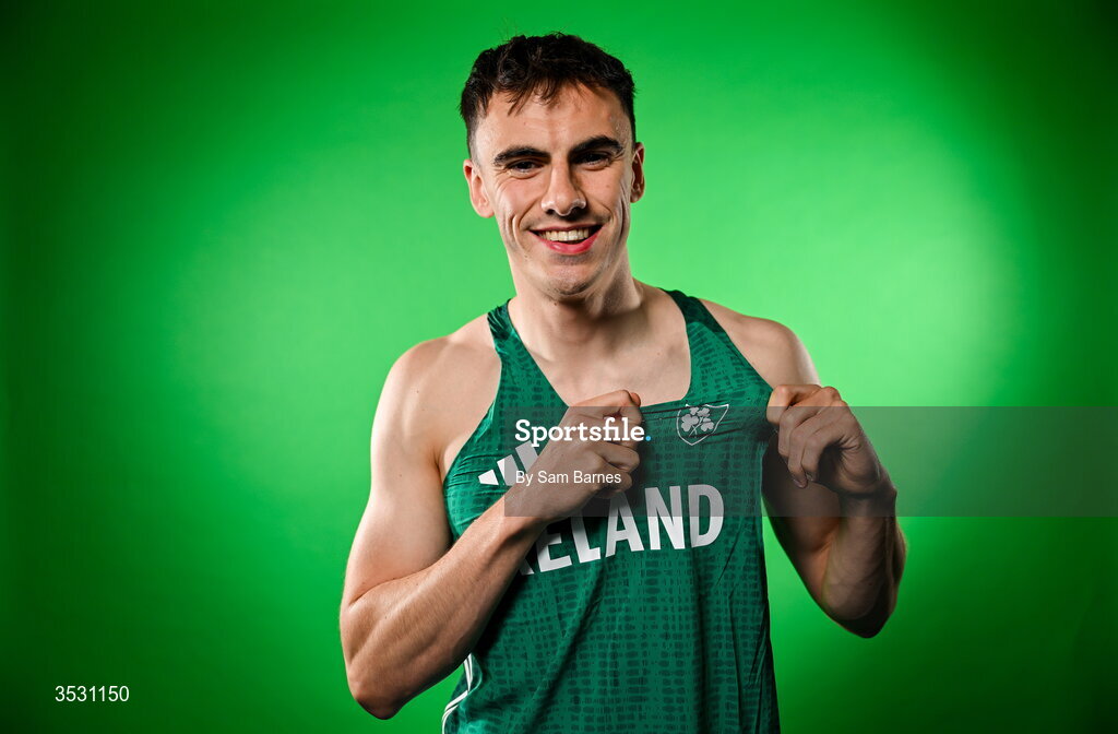 5 August 2026; Ciarán Carthy poses for a portrait during an Athletics Ireland European Championships kit day and media at the Sport Ireland Institute in Dublin. Photo by Sam Barnes/Sportsfile