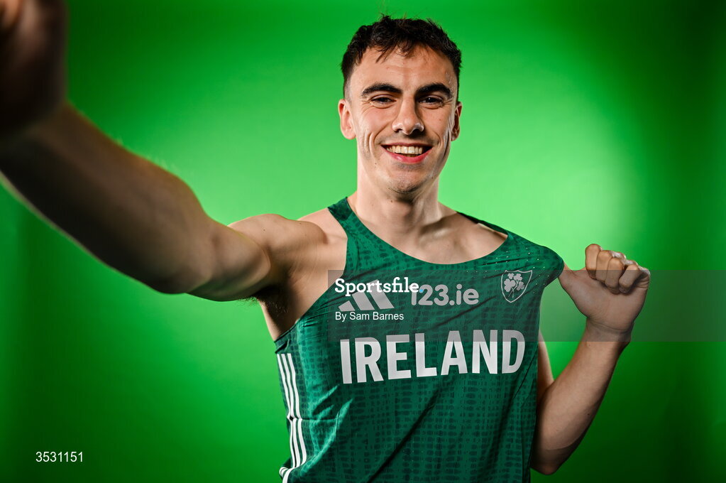 5 August 2026; Ciarán Carthy poses for a portrait during an Athletics Ireland European Championships kit day and media at the Sport Ireland Institute in Dublin. Photo by Sam Barnes/Sportsfile