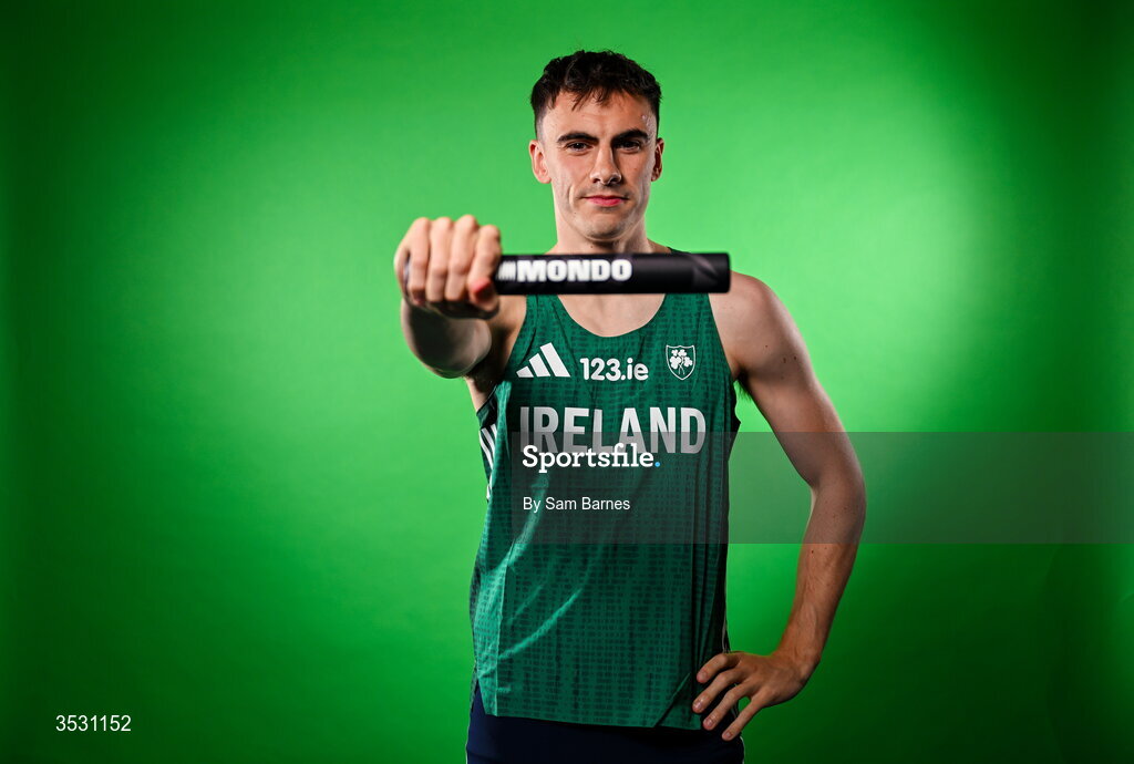 5 August 2026; Ciarán Carthy poses for a portrait during an Athletics Ireland European Championships kit day and media at the Sport Ireland Institute in Dublin. Photo by Sam Barnes/Sportsfile