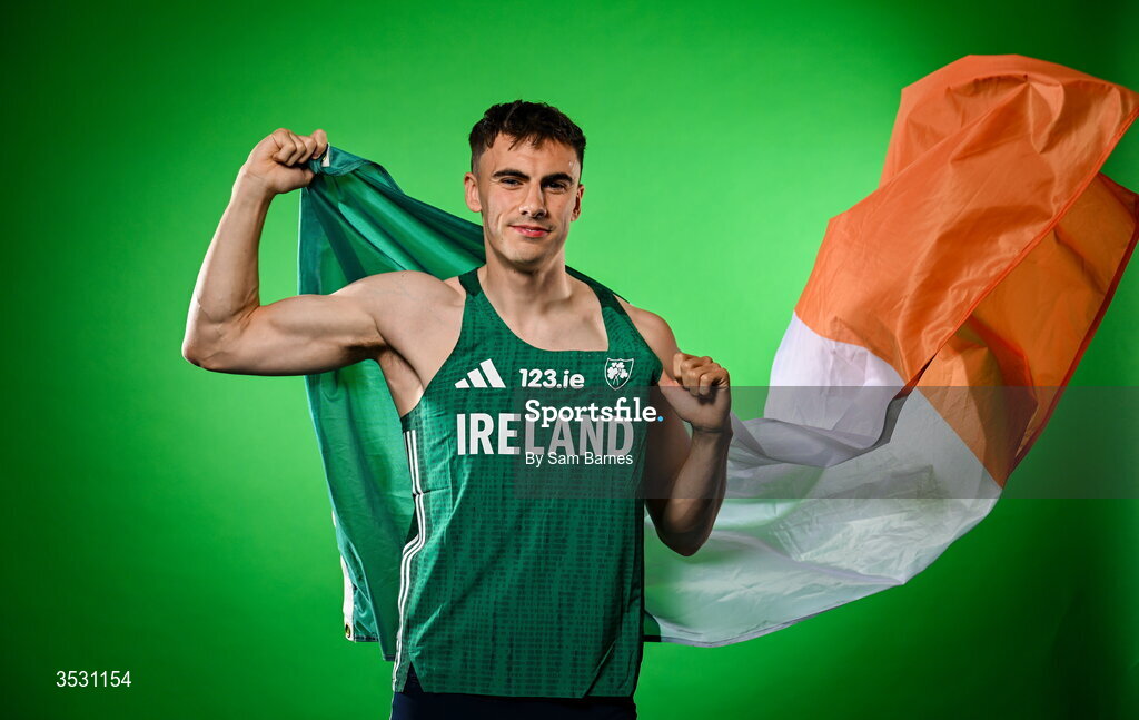 5 August 2026; Ciarán Carthy poses for a portrait during an Athletics Ireland European Championships kit day and media at the Sport Ireland Institute in Dublin. Photo by Sam Barnes/Sportsfile