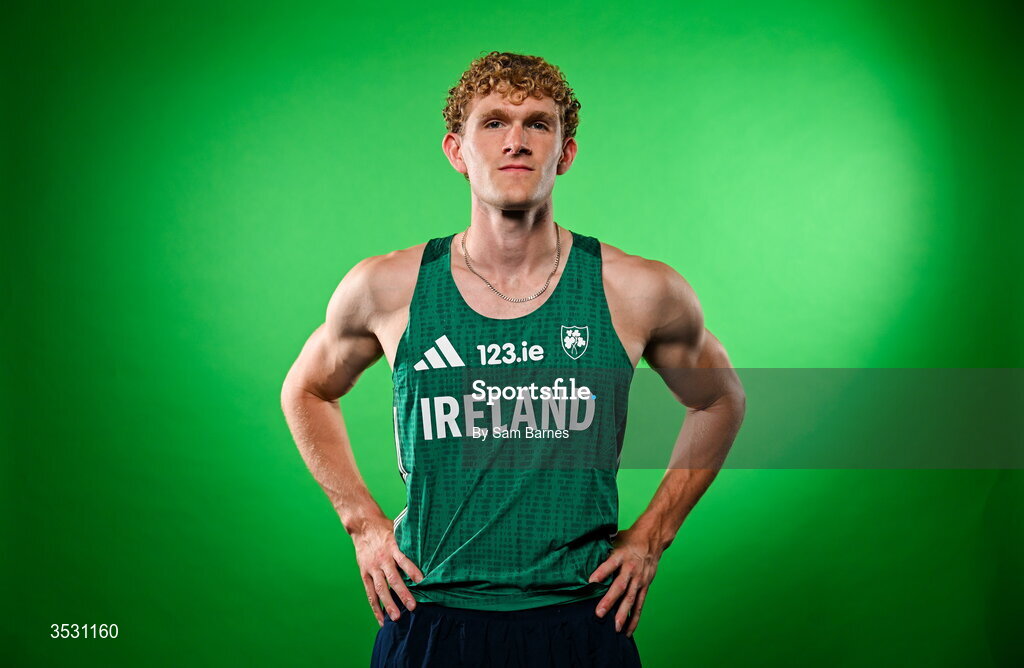 5 August 2026; Andrew Egan poses for a portrait during an Athletics Ireland European Championships kit day and media at the Sport Ireland Institute in Dublin. Photo by Sam Barnes/Sportsfile