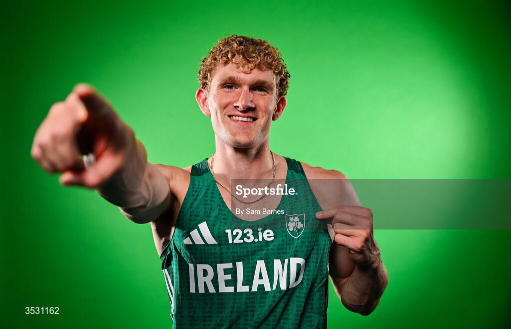 5 August 2026; Andrew Egan poses for a portrait during an Athletics Ireland European Championships kit day and media at the Sport Ireland Institute in Dublin. Photo by Sam Barnes/Sportsfile