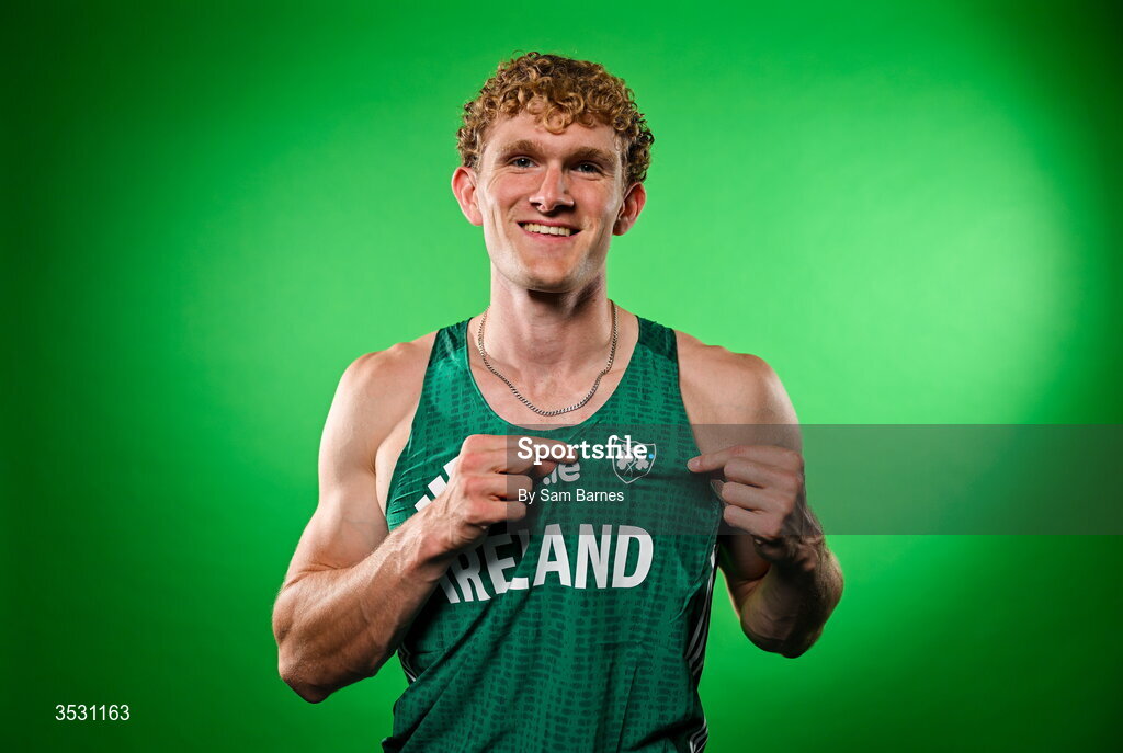 5 August 2026; Andrew Egan poses for a portrait during an Athletics Ireland European Championships kit day and media at the Sport Ireland Institute in Dublin. Photo by Sam Barnes/Sportsfile
