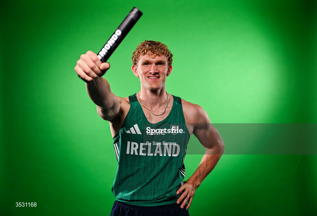 5 August 2026; Andrew Egan poses for a portrait during an Athletics Ireland European Championships kit day and media at the Sport Ireland Institute in Dublin. Photo by Sam Barnes/Sportsfile