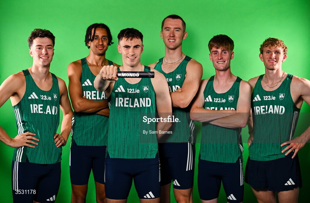 5 August 2026; The men's 4x400m relay team, from left, Darragh Murphy, Sean Doggett, Ciarán Carthy, Jack Raftery, Joe Doody and Andrew Egan pose for a portrait during an Athletics Ireland European Championships kit day and media at the Sport Ireland Institute in Dublin. Photo by Sam Barnes/Sportsfile