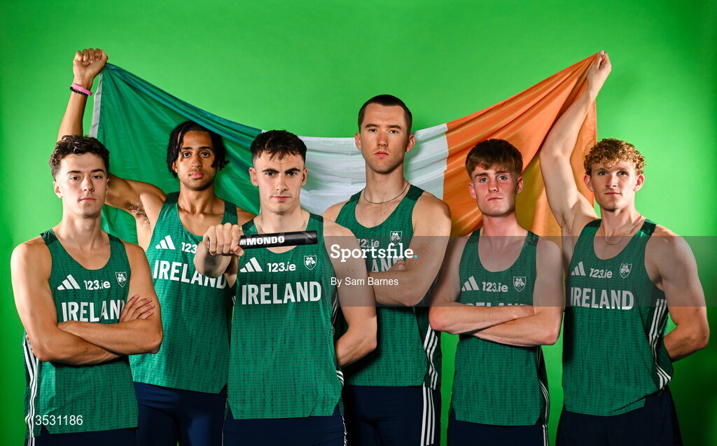 5 August 2026; The men's 4x400m relay team, from left, Darragh Murphy, Sean Doggett, Ciarán Carthy, Jack Raftery, Joe Doody and Andrew Egan pose for a portrait during an Athletics Ireland European Championships kit day and media at the Sport Ireland Institute in Dublin. Photo by Sam Barnes/Sportsfile